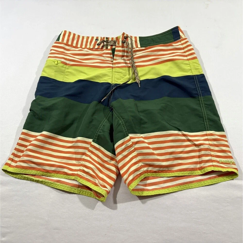 Patagonia Wavefarer Mens Fitz Stripe: Valley Green Striped Swim Board Shorts 32